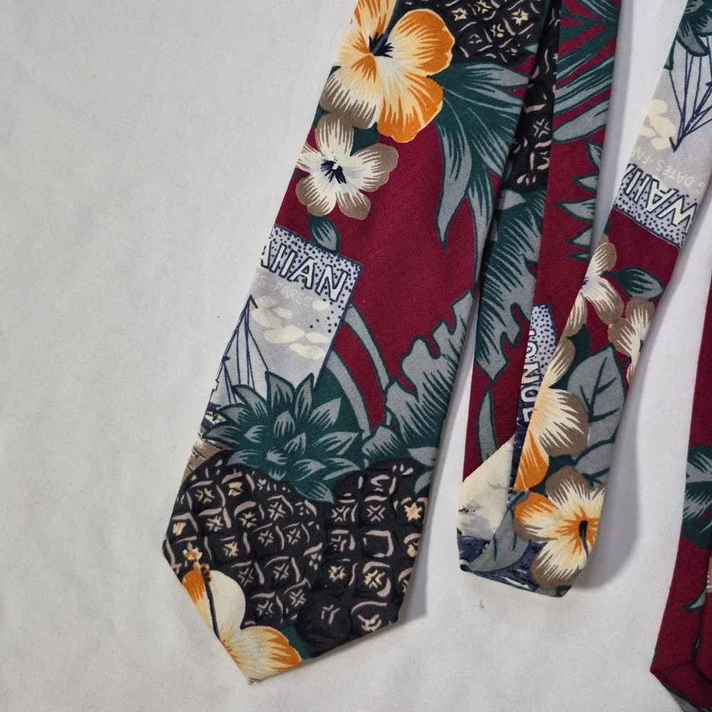 Hilo Hattie Tie‎ Mens Burgundy Hawaiian Tropical Pineapple Floral Necktie Cotton